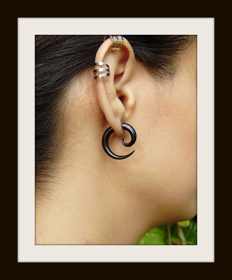 fake gauge earrings, Organic,X Small Sprial ,Black Horn, Split Gauge ,Sprial Earrings ,hand carved,tribal style image 4