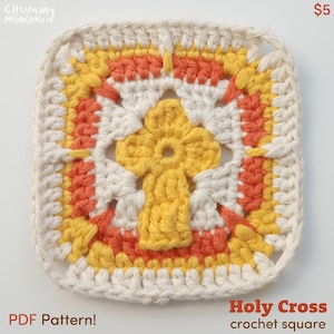 Puede incluir: Un patrón de crochet cuadrado con una cruz amarilla en el centro, rodeada de bordes blancos, naranja y amarillos. El patrón se llama "Holy Cross crochet square" y está disponible por 5 € como descarga PDF.