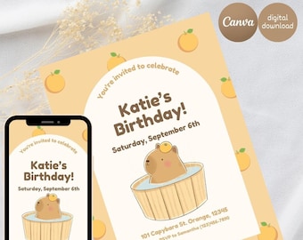 Capybara-Themed Birthday Invitation | Cute Capybara Party Invite Digital Download | Minimalistic Jungle Birthday Party Invite Canva Template