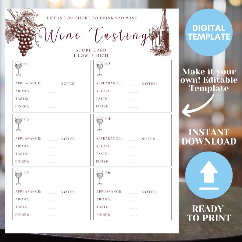 Wine Tasting Score Card, Wine Night With Friends Instant Download ...