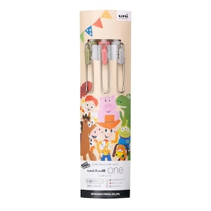 May include: A cylindrical package of Uni-ball One gel ink pens. The package features a colorful design with cartoon characters. Three pens are visible, with green, pink, and grey ink. The package includes the text "uni-ball one" and "0.38mm".