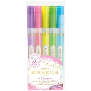 May include: A package of five Zebra Kirarich glitter ink water-based markers. The markers are in purple, pink, yellow, green, and blue. The packaging includes Japanese text and the words "Glitter Ink".