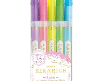 Zebra Kirarich Glitter Highlighter Marker 5-Color Set – Sparkling Ink Neon colour Chisel Tip Japanese Stationery