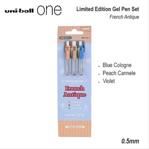 Ensemble de stylos gel Uni-ball - 0,5 mm édition limitée antique française - 3 couleurs douces canele pêche, rose beige, côlon bleu fabriqué au japon uniball