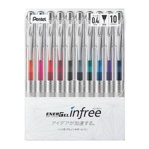 Pentel Energel Infree balpen met gelinkt 0,4 mm / 0,5 mm / 0,7 mm - doos met 10 kleuren, Made in Japan - kantoorbenodigdheden voor schoolkunsten