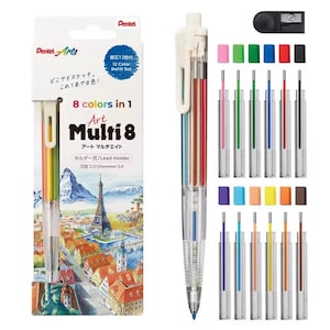 Pentel Art Multi 8 Multicolour Pencil 2 mm 8 Colours set Lead holder Mechanical Pencil Eight Color Set Multifunctional Art, Made in Japan
