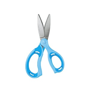 May include: Scissors with light blue handles and silver blades. The handles have a rounded design. The blades are open, ready for cutting. The scissors are set against a white background. The blades have text.