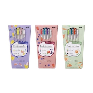 May include: Three boxes of Uni-ball One Fruit Tea Color pens. Each box is a different colour: lavender, pink, and mint green. Each box contains five pens with different coloured ink. The boxes have fruit illustrations and the text "Fruit tea color".