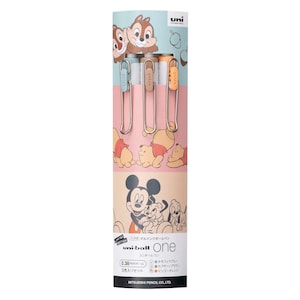 May include: A Disney-themed pen set with Chip and Dale, Winnie the Pooh, Mickey Mouse, and Pluto illustrations. The cylindrical packaging holds three pens with silver clips and pastel barrels. The packaging features the "uni-ball one" logo and Japanese text.