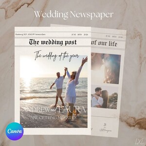 Op de afbeelding: Een huwelijksaankondiging-krantensjabloon met een foto van een stel op het strand. De kop luidt "De bruiloft van het jaar" en de tekst eronder zegt "Andrew en Laura trouwen!"