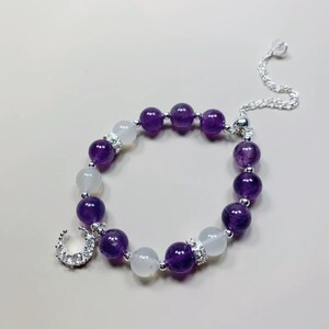 Natural amethyst crystal white agate bracelet with moon charm . Crystal bracelet. Handmade Gemstone bracelet.