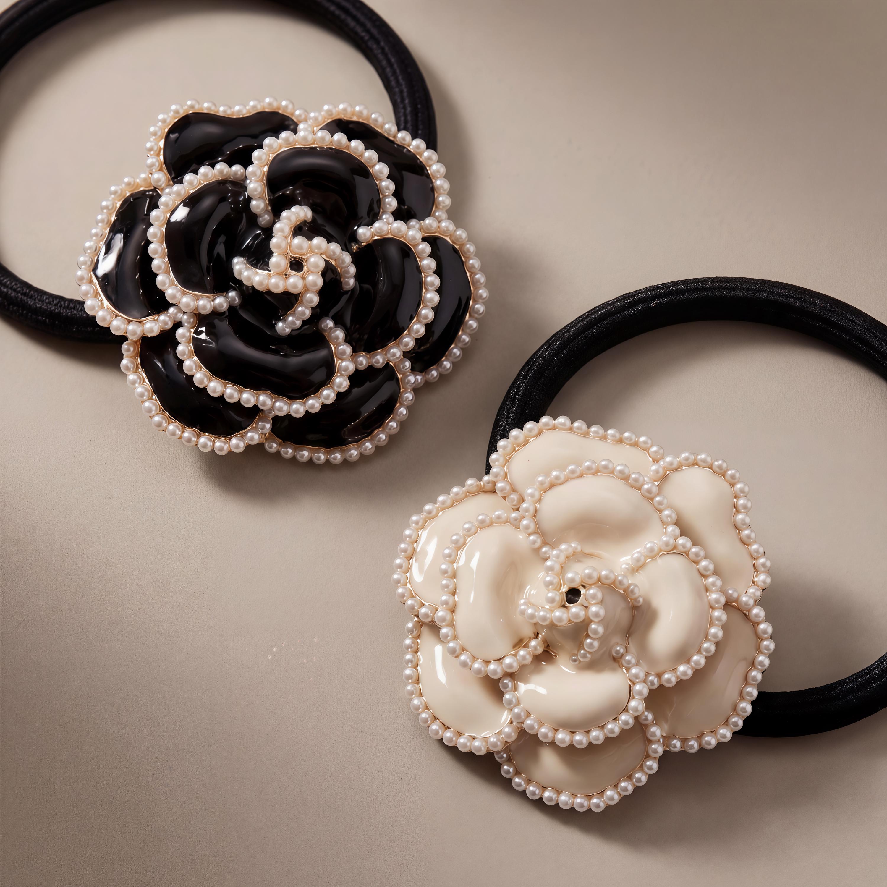 Luxury Camellia Flower Black or White Floral Velvet Hair Clips Black Velvet Camellia Hair Clip | Pearl Flower Barrette  main image 4