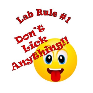 Puede incluir: Una cara sonriente amarilla con la lengua roja hacia afuera. El texto "Lab Rule #1 Don't Lick Anything!" está escrito en rojo alrededor de la cara sonriente.