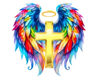 Gold Cross with Wings and Halo - PNG - Transparent Background - 2 different layouts