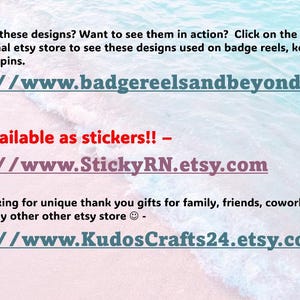 May include: Text on a beach background with three links to Etsy shops: https://www.badgereelsandbeyond.etsy.com, https://www.StickyRN.etsy.com, and https://www.KudosCrafts24.etsy.com.
