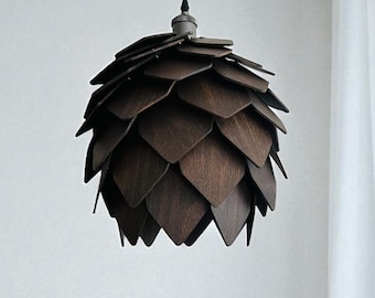 Wood Chandelier Pendant Light – Handmade Dark Walnut Wooden Lampshade, Japandi & Scandinavian Dining Room Pendant Lighting Plug-in lamp