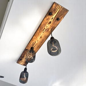 Handmade Rustic Pendant Light | Burnt Wood Beam Ceiling Fixture with Mesh Shades | Dimmable Farmhouse Island Lighting | Loft Decor
