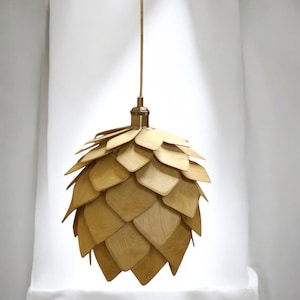 Wood Pinecone Pendant Light | Dark or Light Wood Chandelier | Cozy Rustic Lamp for Kitchen Island, Bedroom, Dining Room | Handmade Gift