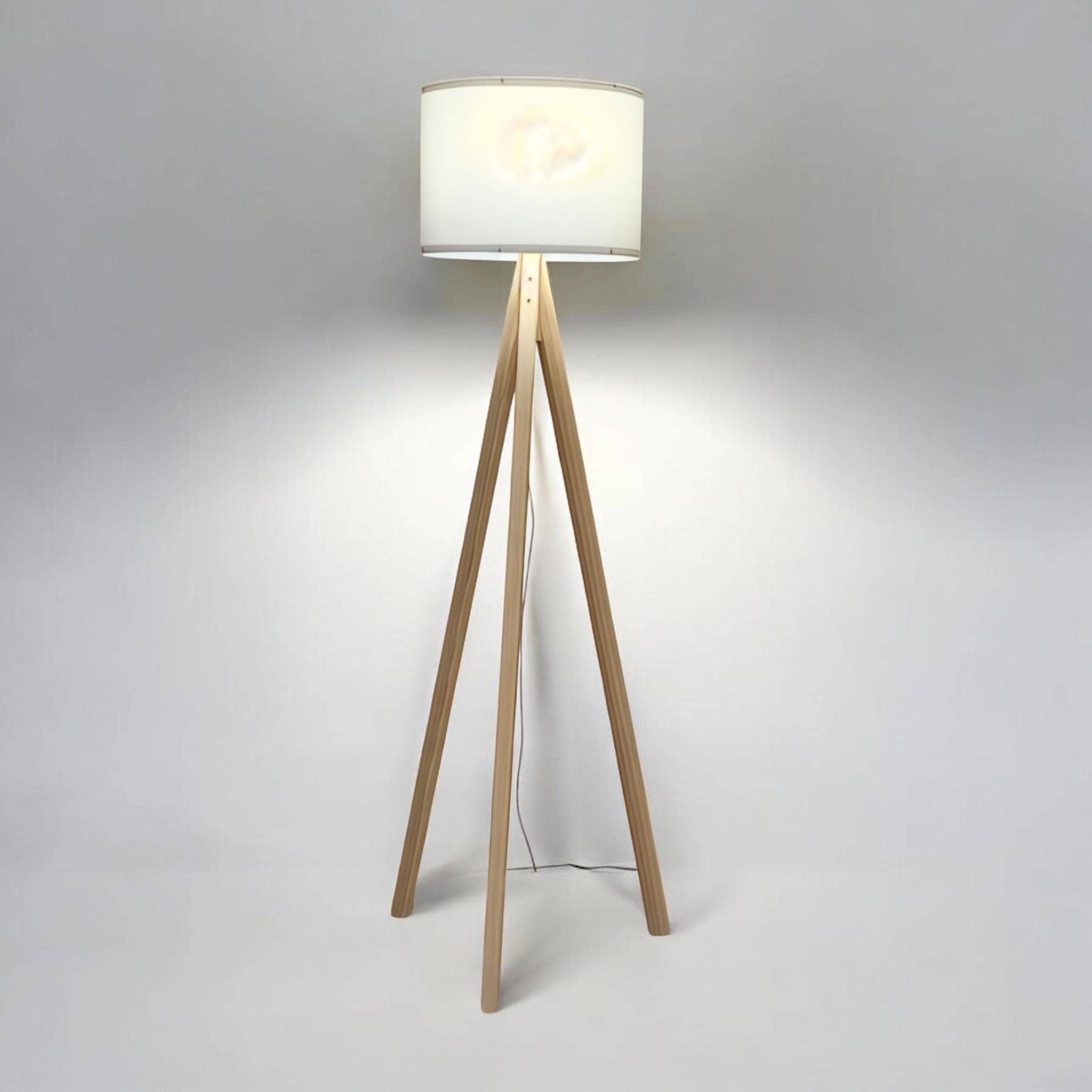 Modern Tripod Floor Lamp with Light Fabric Shade, Minimalist Standing Lamp, Solid Wood Base Japandi Scandinavian Home Lighting