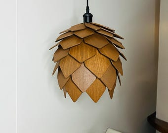 Wooden Chandelier Pendant – Handmade Dark Oak Pinecone Lampshade Rustic Wood Lamp Lighting for Dining Room Island Bedroom Scandinavian Home