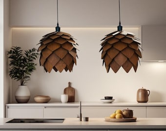 Wooden Pendant Chandelier Oak Pinecone Lampshade Japandi Pendant Lighting for Dining Room Kitchen Island Bedroom Scandinavian Rustic Lamp