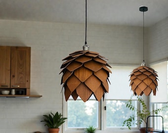 Lámpara de techo de madera de piña hecha a mano: luminaria natural, estilo escandinavo, bohemio, rústico, interiores tranquilos, iluminación rústica minimalista.