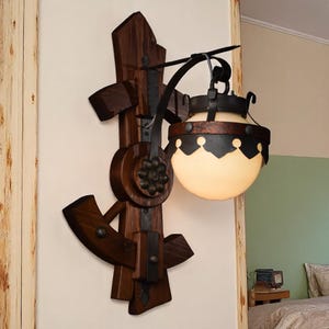 Wood and Metal Wall Sconce Handmade – Rustic Modern Light Fixture, Wrought Iron Accent Lamp, Natural Wood Wall Lighting