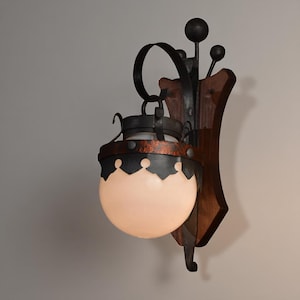 Handmade Wooden Wall Sconce – Wrought Iron and Wood Light Fixture for Hallway or Bedroom, Rustic Accent Lighting for Modern Interiors