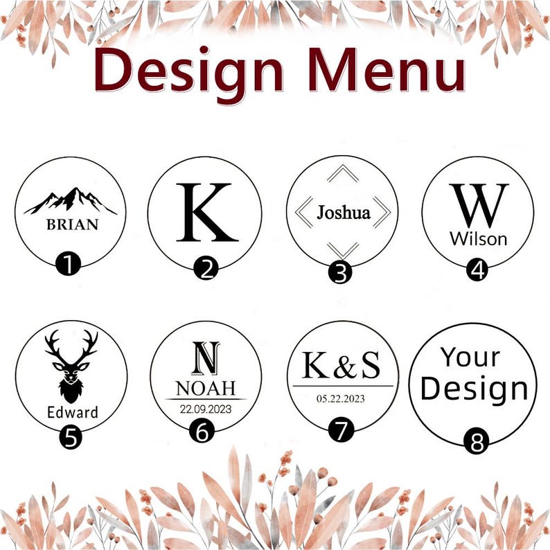 Puede incluir: Men&uacute; de dise&ntilde;o con ocho opciones diferentes para sellos de madera personalizados. Las opciones incluyen una cordillera con el nombre "BRIAN", una letra "K", un nombre "Joshua" en un cuadro, una letra "W" con el nombre "Wilson", una cabeza de ciervo con el nombre "Edward", una letra "N" con el nombre "NOAH" y la fecha "22.09.2023", las iniciales "K&S" con la fecha "05.22.2023", y un sello en blanco con el texto "Su dise&ntilde;o".