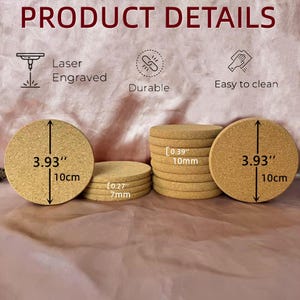 Puede incluir: Juego de 10 posavasos redondos de corcho, cada uno con un di&aacute;metro de 10 cm. Los posavasos tienen un grosor de 7 mm y est&aacute;n grabados con l&aacute;ser. Los posavasos son duraderos y f&aacute;ciles de limpiar.