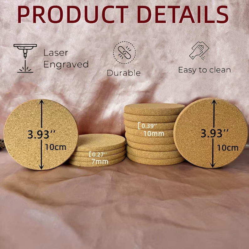 Puede incluir: Juego de 10 posavasos redondos de corcho, cada uno con un di&aacute;metro de 10 cm. Los posavasos tienen un grosor de 7 mm y est&aacute;n grabados con l&aacute;ser. Los posavasos son duraderos y f&aacute;ciles de limpiar.