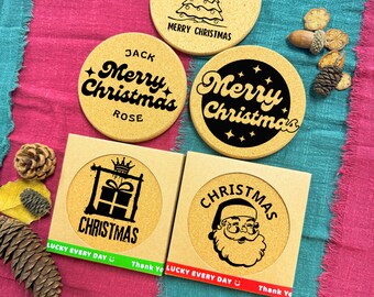 クリスマスパーティーの記念品、ゲストへのクリスマスの記念品、クリスマスのキッチンデコレーション、パーソナライズされたコルクコースター、面白いクリスマスギフト