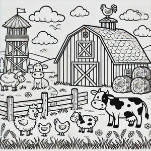 May include: A black and white illustration of a farm scene with a barn, a silo, a fence, a cow, a sheep, chickens, and clouds.