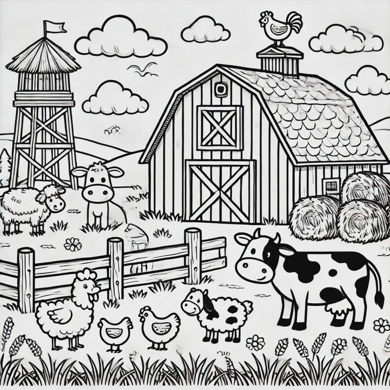May include: A black and white illustration of a farm scene with a barn, a silo, a fence, a cow, a sheep, chickens, and clouds.