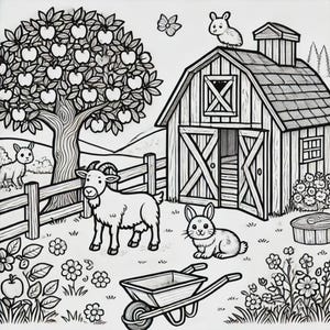 May include: A black and white line drawing of a farm scene with a barn, a goat, a rabbit, a wheelbarrow, and an apple tree.