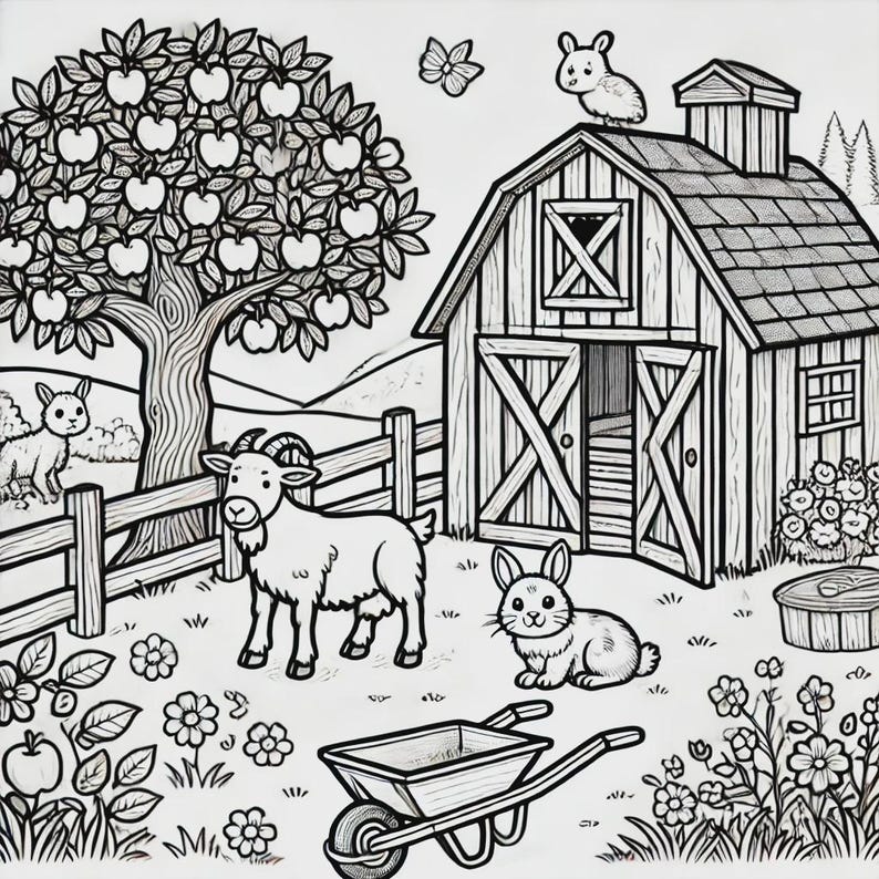 May include: A black and white line drawing of a farm scene with a barn, a goat, a rabbit, a wheelbarrow, and an apple tree.