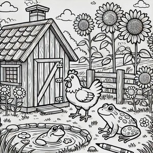 May include: A black and white illustration of a farmhouse with a chicken and a frog in a pond. The farmhouse has a wooden door and a window. The chicken is standing next to the farmhouse. The frog is sitting in the pond. There are sunflowers in the background.