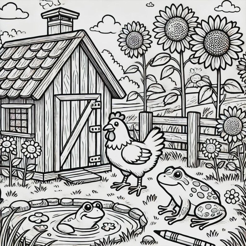 May include: A black and white illustration of a farmhouse with a chicken and a frog in a pond. The farmhouse has a wooden door and a window. The chicken is standing next to the farmhouse. The frog is sitting in the pond. There are sunflowers in the background.