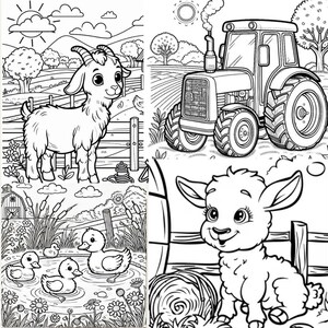 May include: A black and white coloring page featuring a farm scene with a tractor, a goat, and ducklings swimming in a pond.