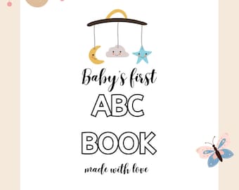 ABC book first book, baby shower game coloring book, baby shower alphabet book, printable toddler book, download baby toddler color pages