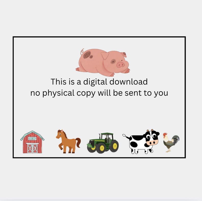 May include: This is a digital download, no physical copy will be sent to you.  The image shows a red barn, a brown horse, a green tractor, a black and white cow, and a rooster.