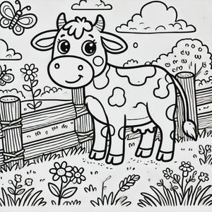 May include: A black and white line drawing of a cow standing in a field. The cow has spots and is near a fence. There are flowers and a butterfly in the field.