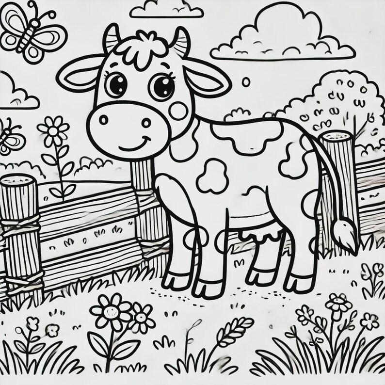 May include: A black and white line drawing of a cow standing in a field. The cow has spots and is near a fence. There are flowers and a butterfly in the field.