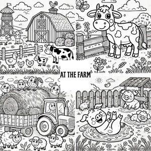 May include: Black and white line drawing illustration of a farm scene with a barn, animals, and a tractor. The text "AT THE FARM" is written in the center of the image.