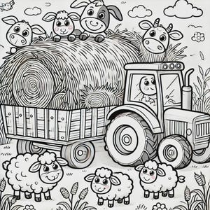 May include: A black and white illustration of a tractor hauling a bale of hay. There are several sheep and cows surrounding the tractor.