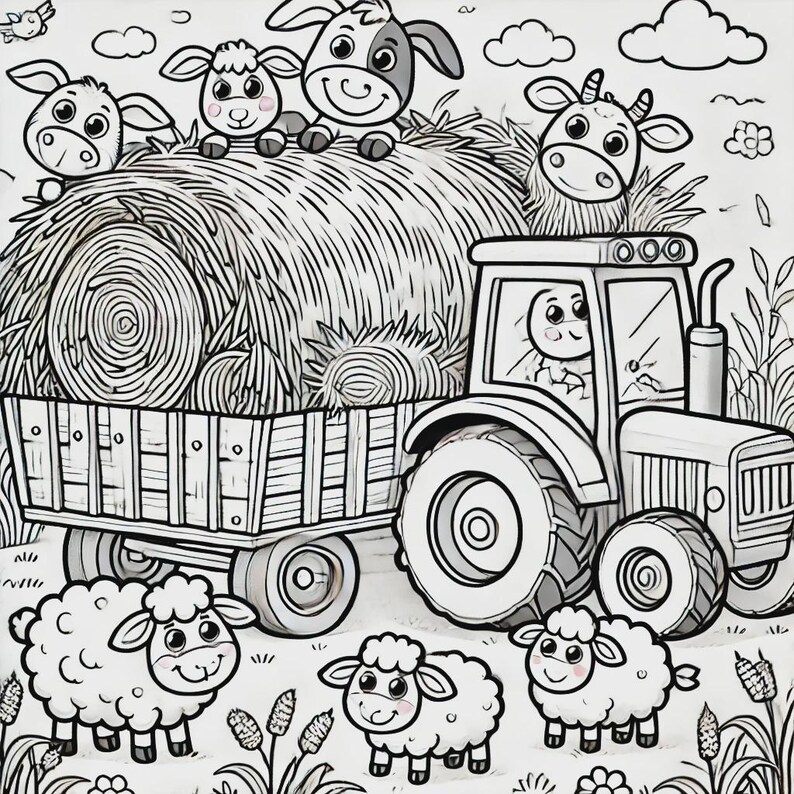 May include: A black and white illustration of a tractor hauling a bale of hay. There are several sheep and cows surrounding the tractor.