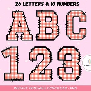 Pink Gingham Alphabet & Numbers PNG | Varsity Doodle Font | 5x7 Printable Clipart Letters A-Z 0-9 | Instant Digital Download