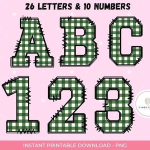 Green Gingham Alphabet & Numbers PNG | Varsity Doodle Letters | 5x7 Printable Clipart | Digital Download | Sublimation Font Art