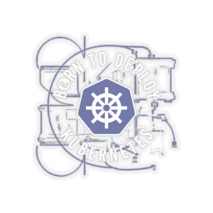 Puede incluir: Una pegatina blanca con un logotipo de Kubernetes azul y el texto "Born to Deploy Kubernetes".