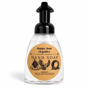 Sapone liquido biologico schiumogeno per le mani, completamente naturale, senza coloranti, flacone con dosatore da 295 ml.